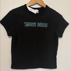 NWT, PINK Victoria's Secret Black Tee with Touch Down Design. Sz Small